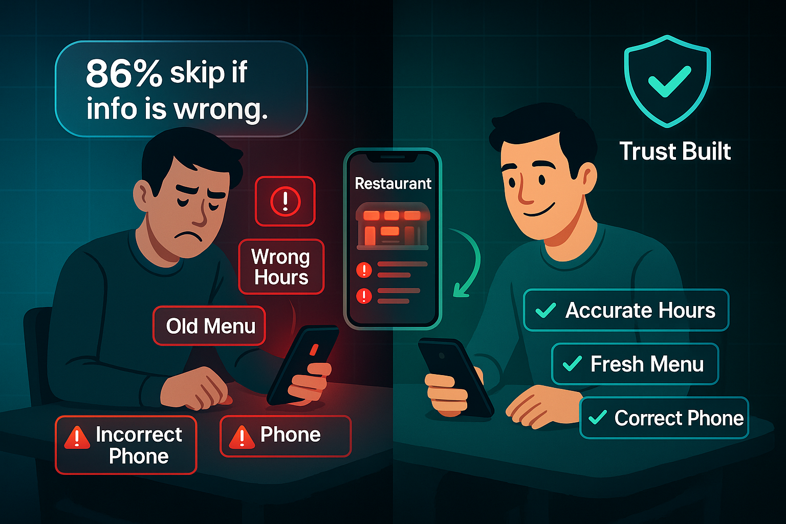 Split infographic showing a frustrated diner with outdated restaurant info and warnings, and a happy diner with accurate info and trust badge.