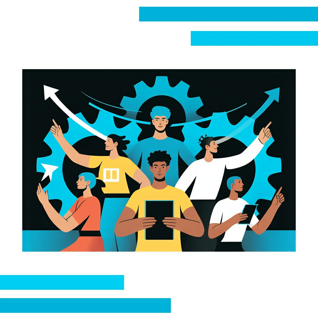 Five diverse figures in a semi-circle with glowing blue and black gears, holding tablets and gesturing toward upward arrows.