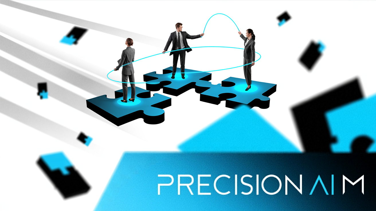 Four business professionals on interlocking puzzle platforms, connected by glowing blue lines in an abstract white space.