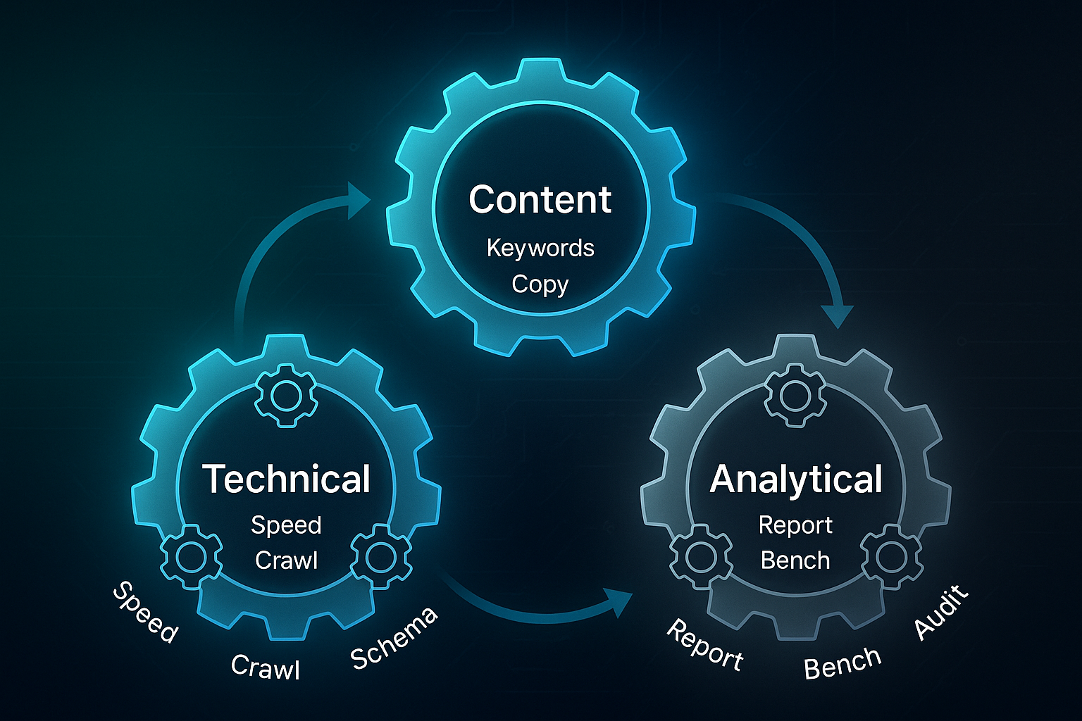Infographic with three interlocking glass-effect gears labeled Technical, Content, and Analytical, each with three smaller labeled cogs.