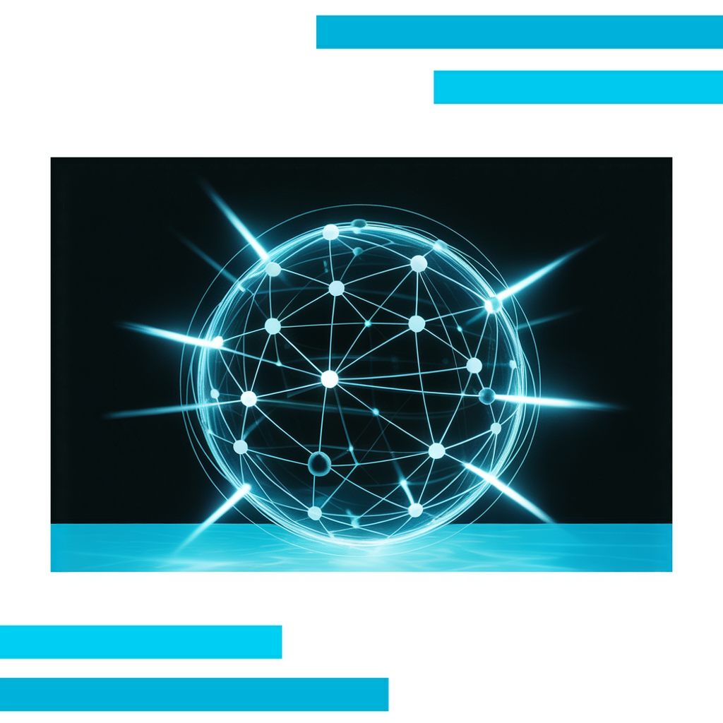 Cluster of metallic blue and black spheres connected by glowing lines, with bright blue arrows suggesting upward motion on a white background