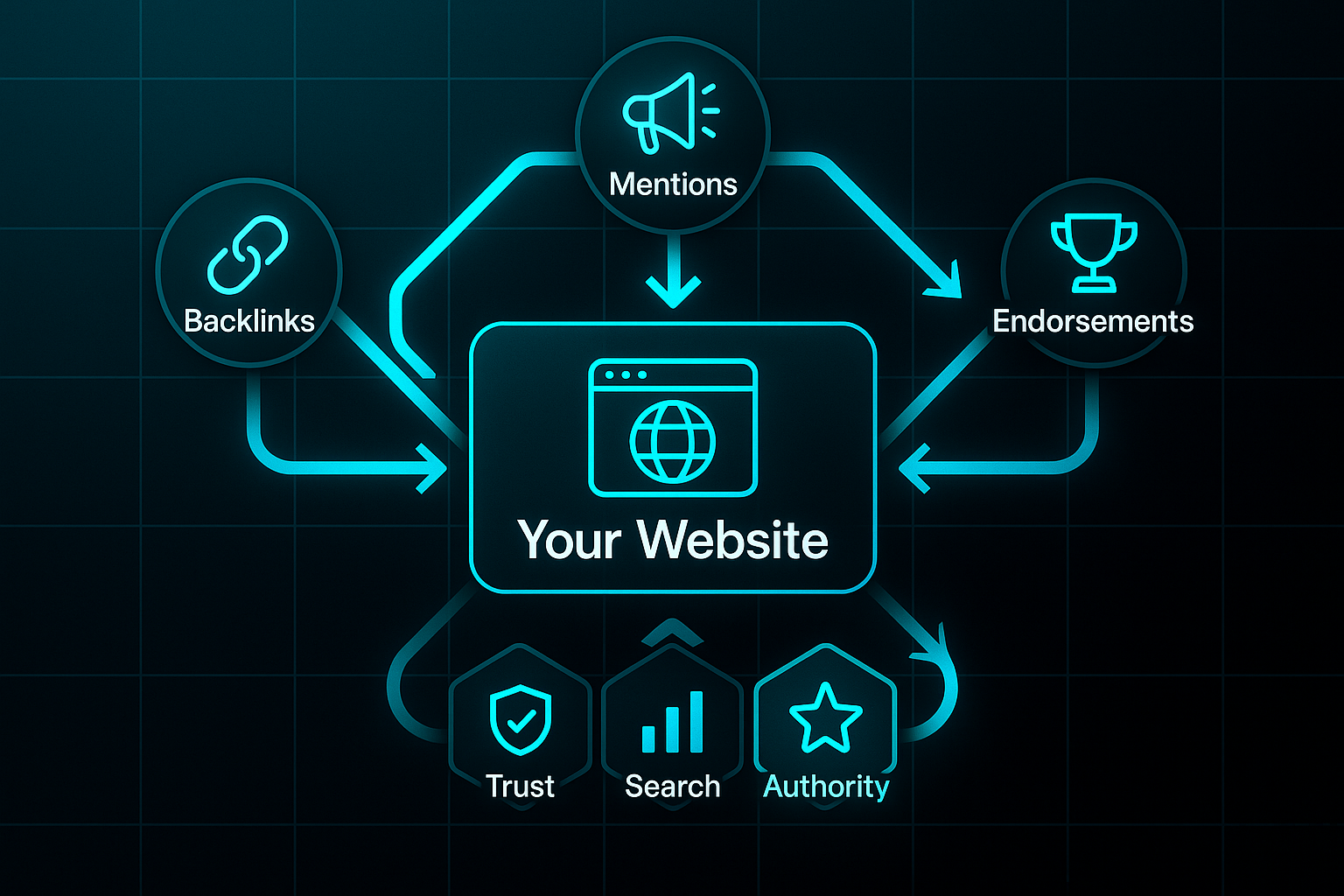Futuristic infographic showing a central website icon linked by glowing arrows to nodes labeled Backlinks, Mentions, and Endorsements.