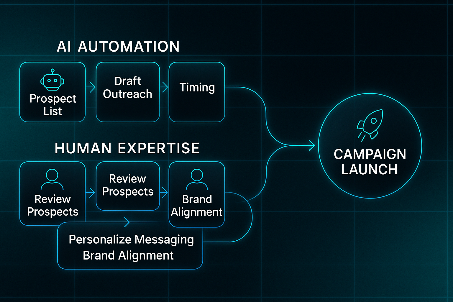 Futuristic infographic showing AI automation and human expertise tracks merging into a central campaign launch node with icons and labels.