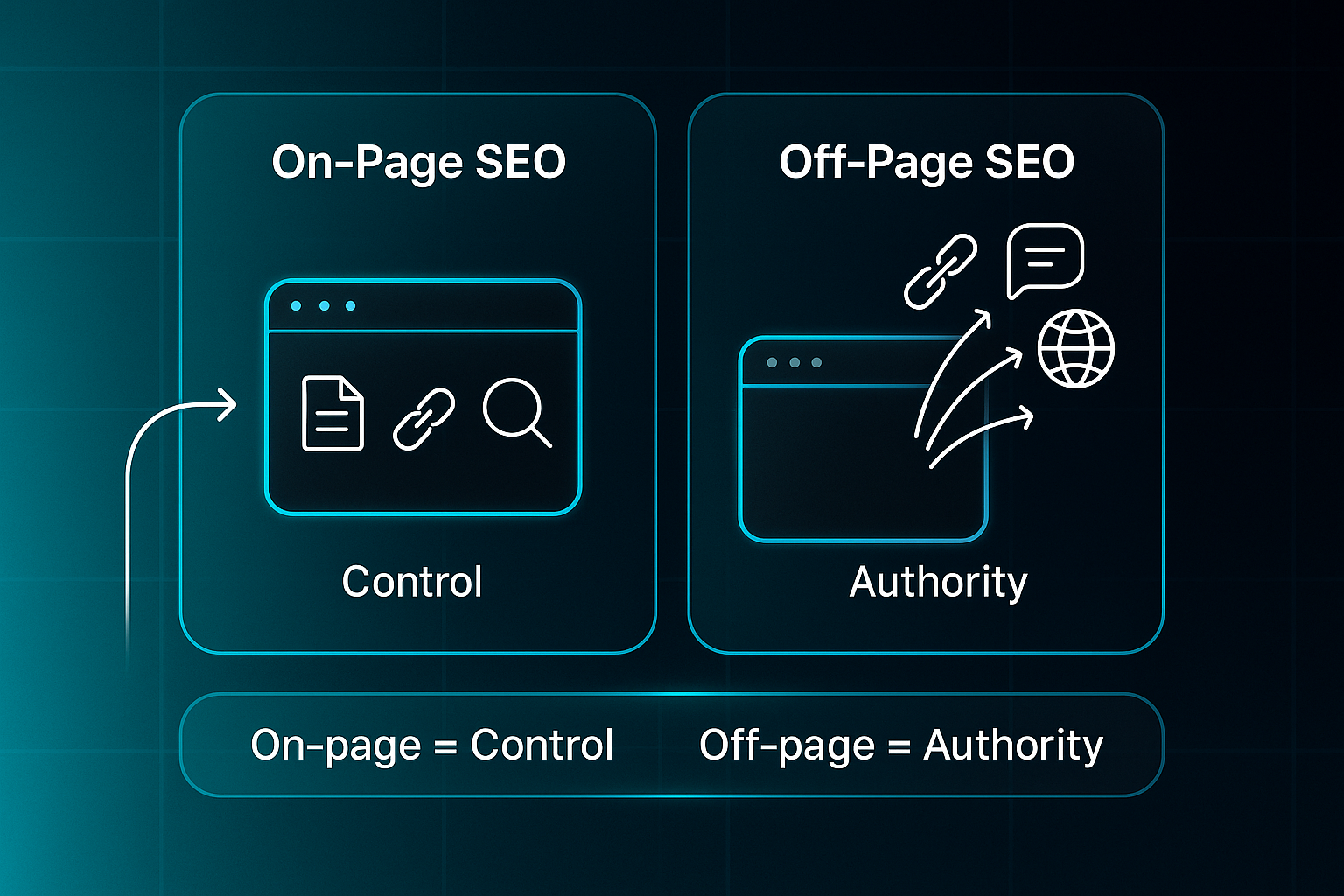 Infographic comparing on-page and off-page SEO with labeled icons, arrows, and summary bar on a dark tech-themed background