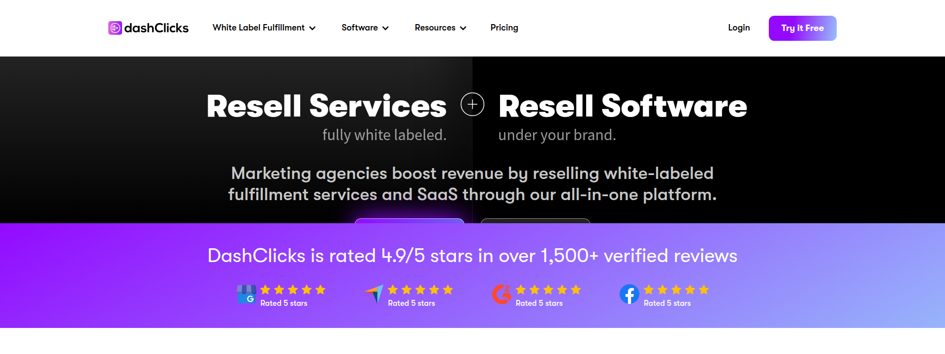 DashClicks homepage hero section displaying main information