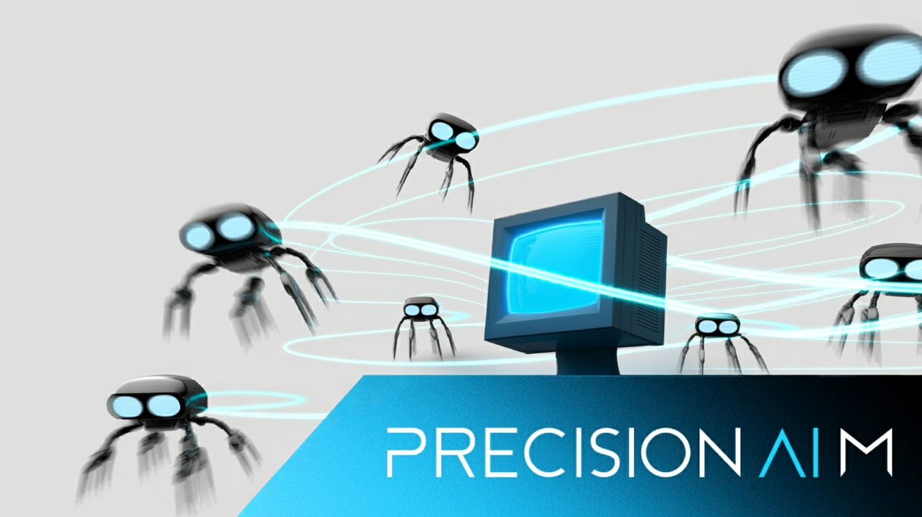 Futuristic monitor emitting blue light connected by digital lines to robotic spider figures on a white background