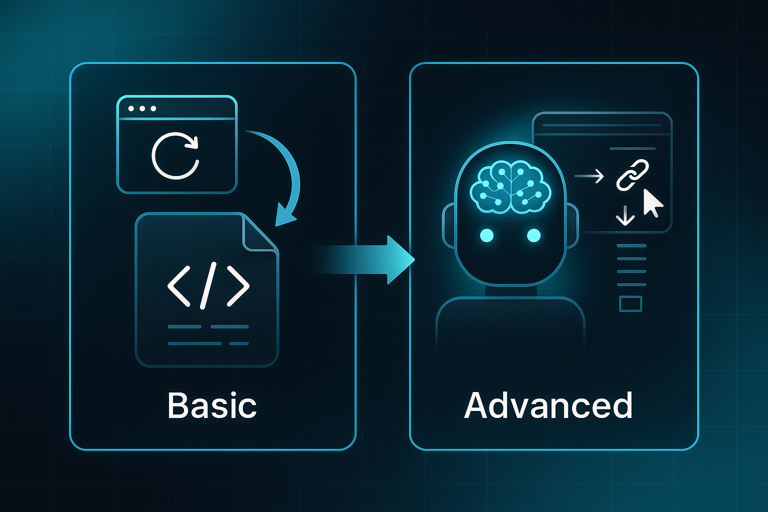 Infographic comparing basic script-based bot and advanced AI bot, with labeled icons and arrows showing increasing sophistication.