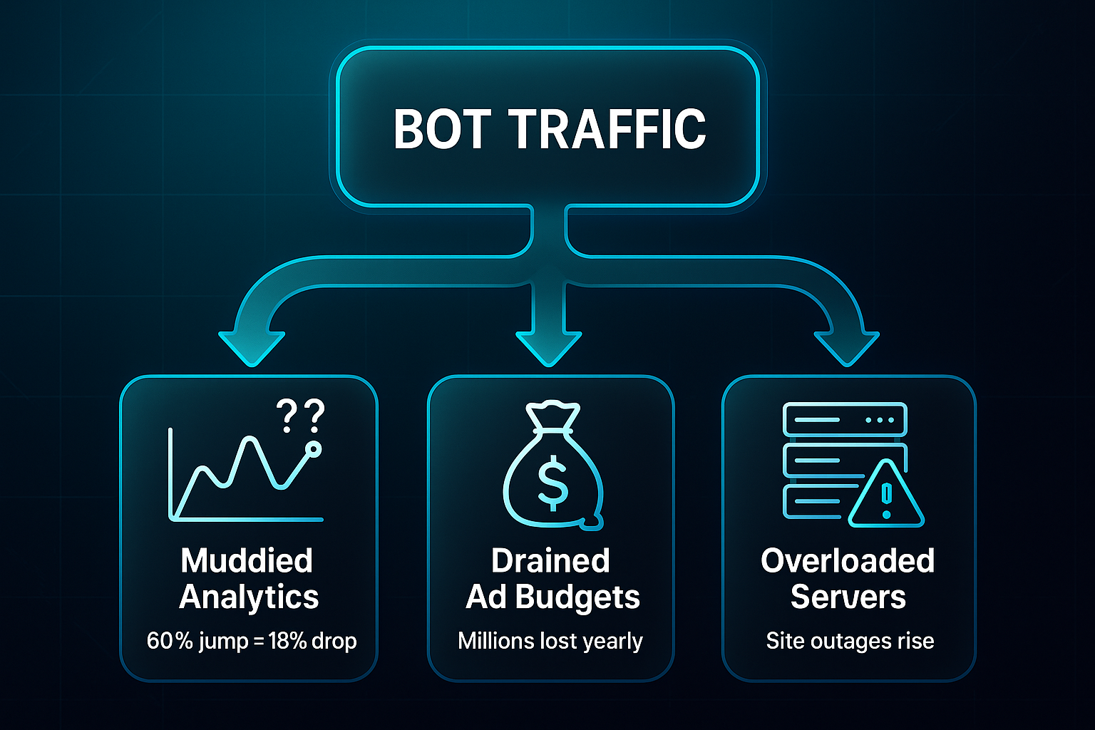 Infographic showing bot traffic impacts: muddied analytics, drained ad budgets, and overloaded servers with glowing arrows.