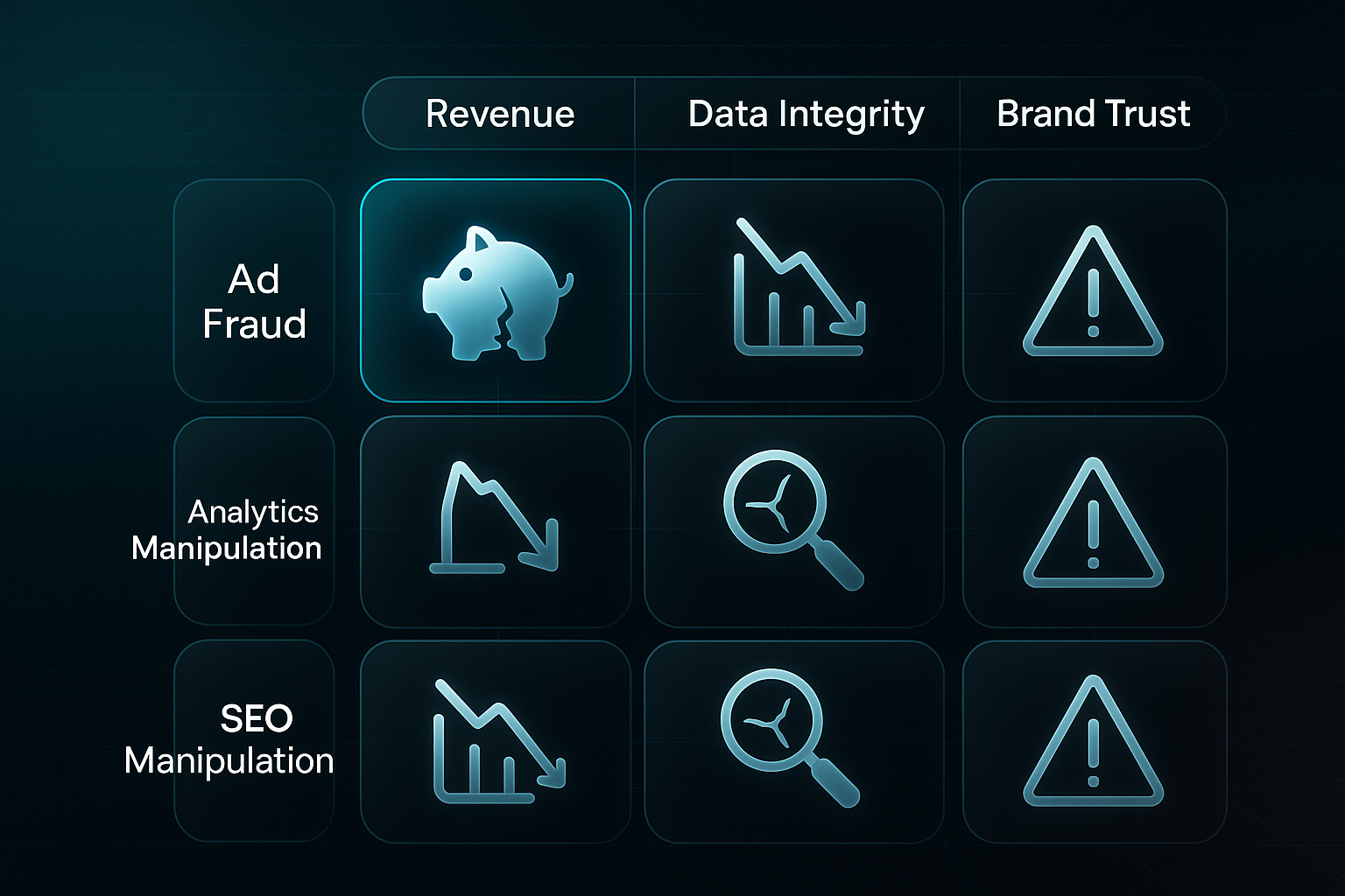 Infographic showing a 3x3 matrix of damage types with labeled rows and columns, icons, and highlighted severe impact cell.