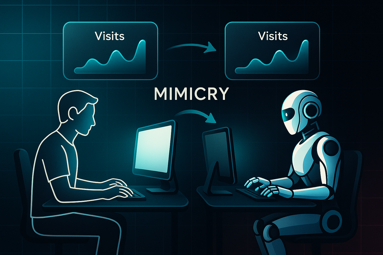 Infographic showing a human and robot at desks using computers, each with a glowing 'Visits' analytics graph and a holographic connection.