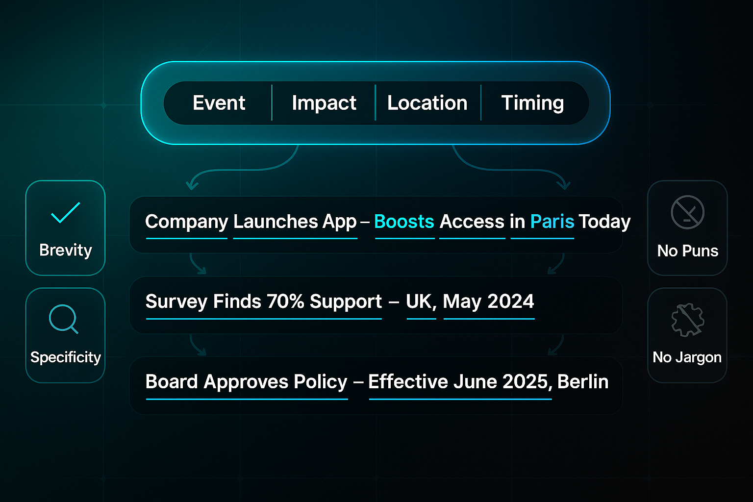 Infographic showing a headline template with labeled segments, sample headlines, and tips for brevity and specificity