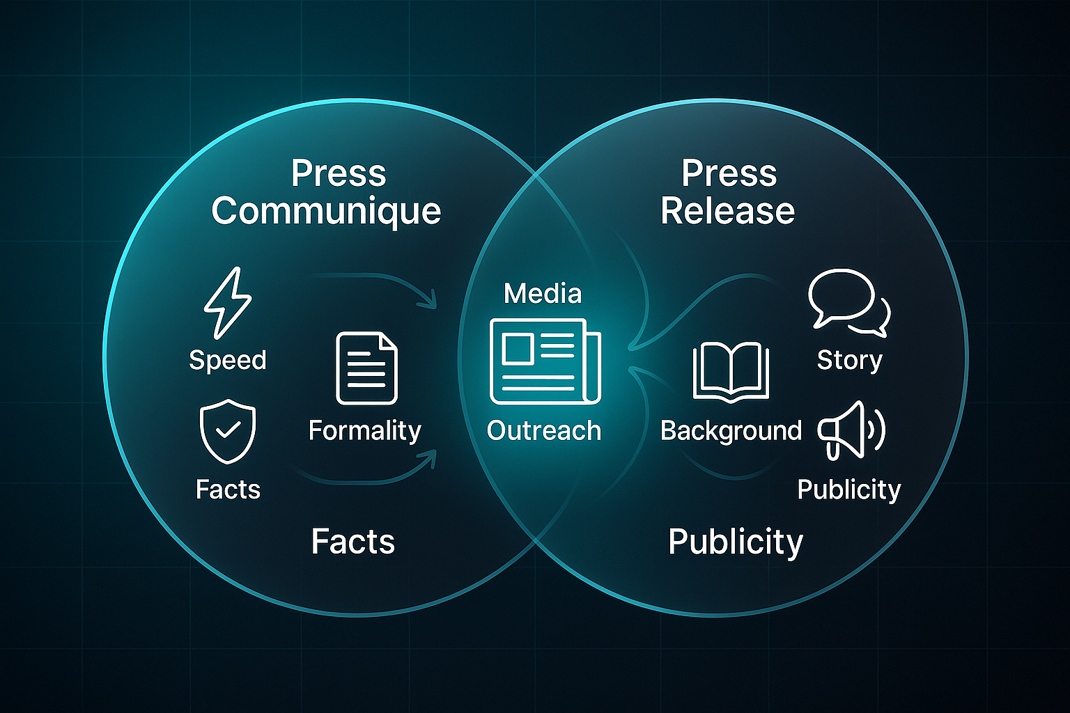 Infographic with a glowing Venn diagram comparing 'Press Communique' and 'Press Release' features, icons, and overlap.