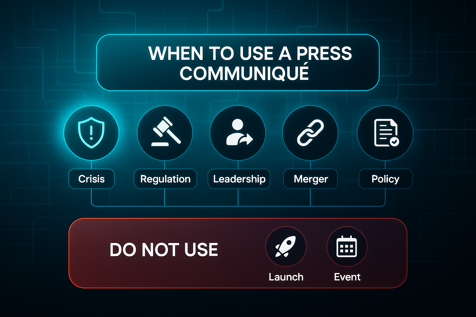Futuristic infographic showing when to use a press communique, with checklist icons for crisis, regulation, leadership, merger, and policy.