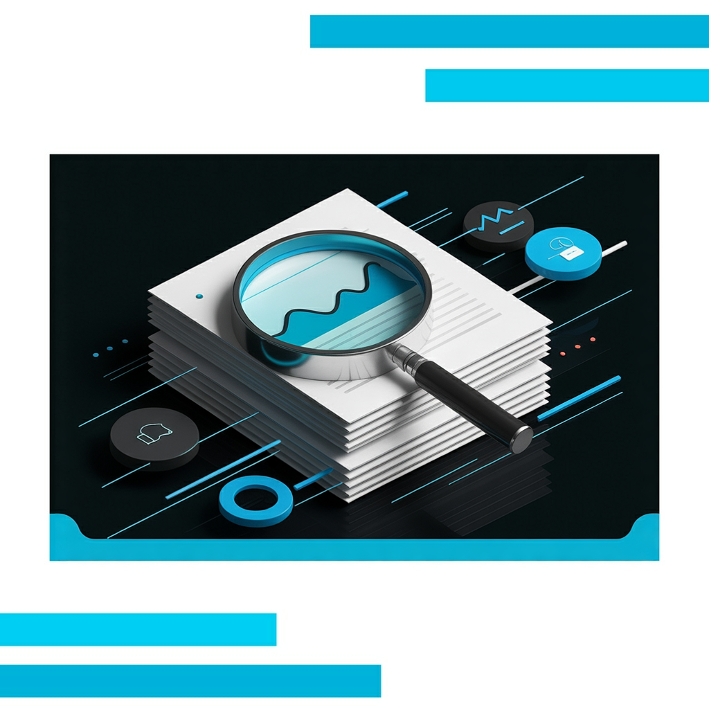 Magnifying glass with blue rim hovering over layered documents with abstract charts on a dark, dynamic background.