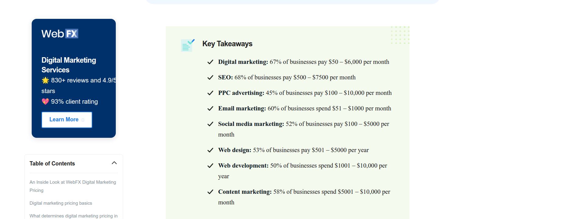WebFX pricing page displaying their pricing information