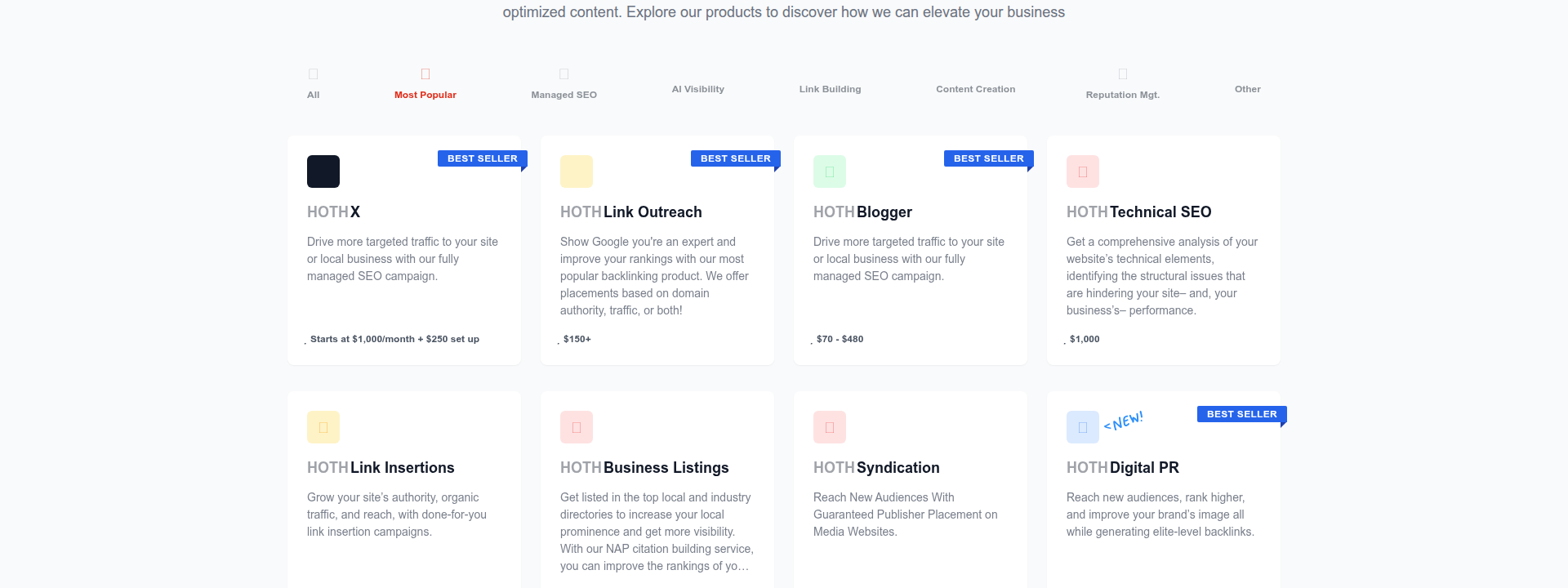 The HOTH pricing page displaying their pricing information