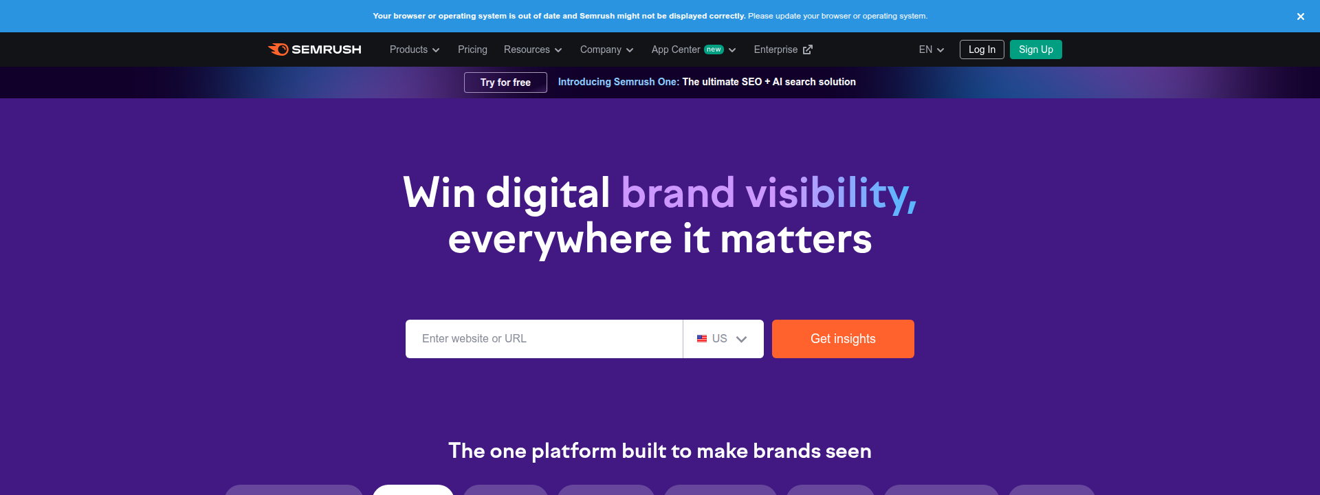 SEMrush homepage hero section displaying main information