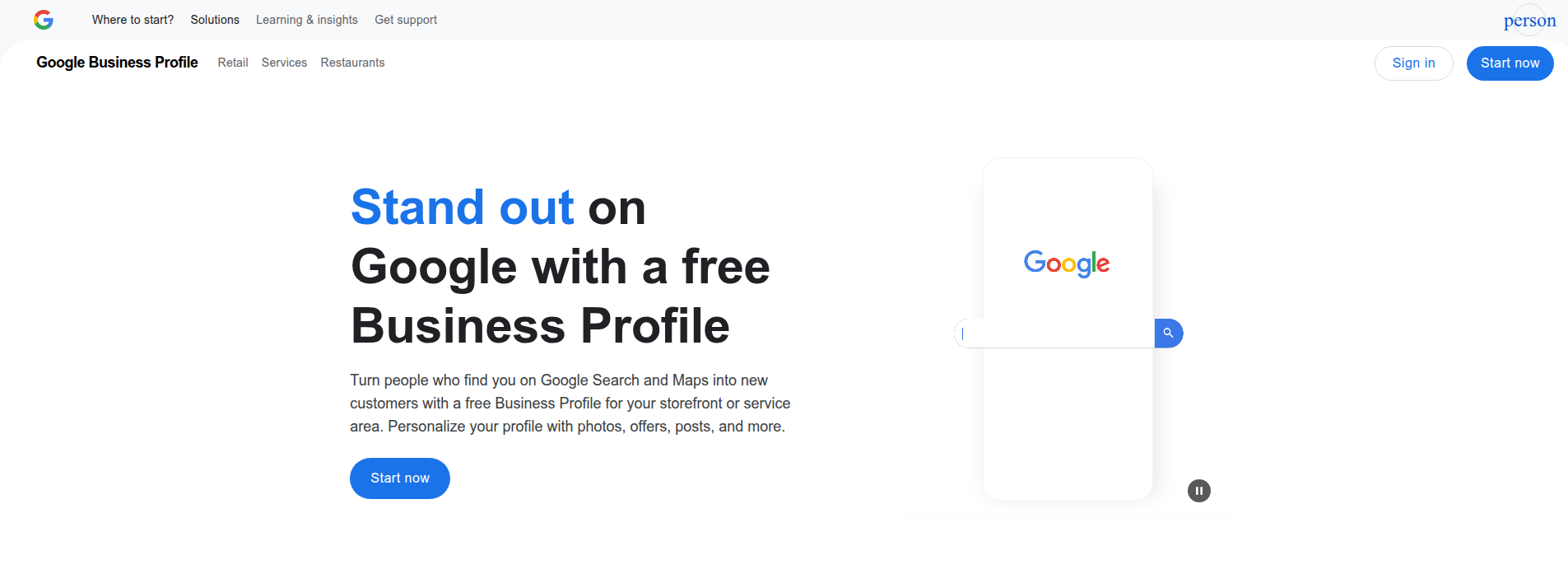 Google Business Profile homepage displaying hero information
