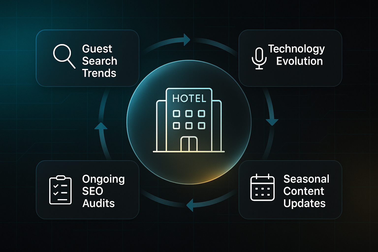Infographic showing a glassmorphic hotel icon surrounded by four labeled rectangles with icons and curved arrows on a dark tech background