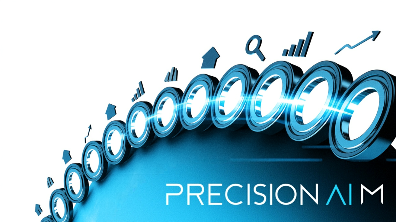 Ten glowing metallic gears interconnected by luminous lines, with abstract icons of magnifying glasses, arrows, and data graphs on white background