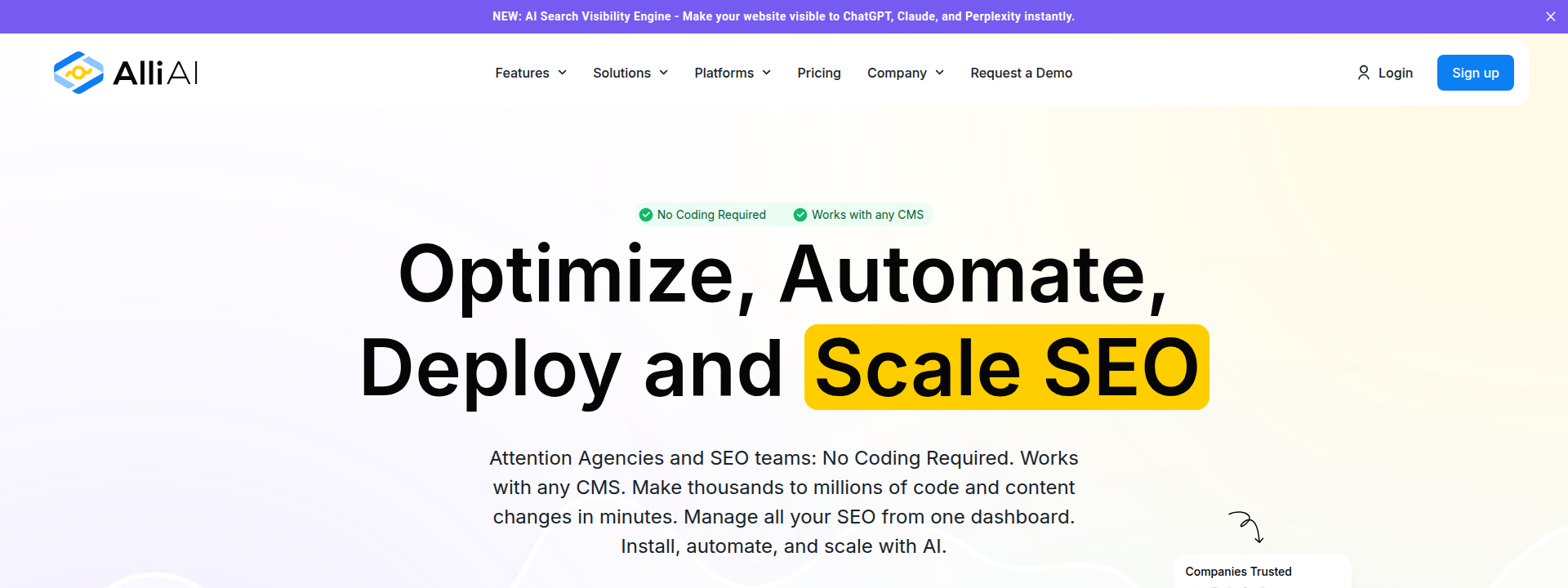 Alli AI homepage hero section displaying main information
