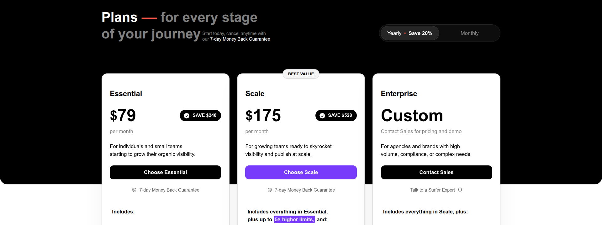 Surfer SEO pricing page displaying their pricing information