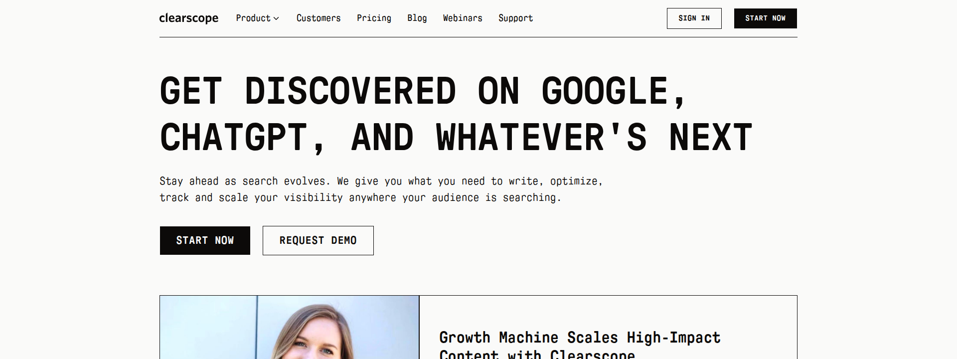 Clearscope homepage hero section displaying main information