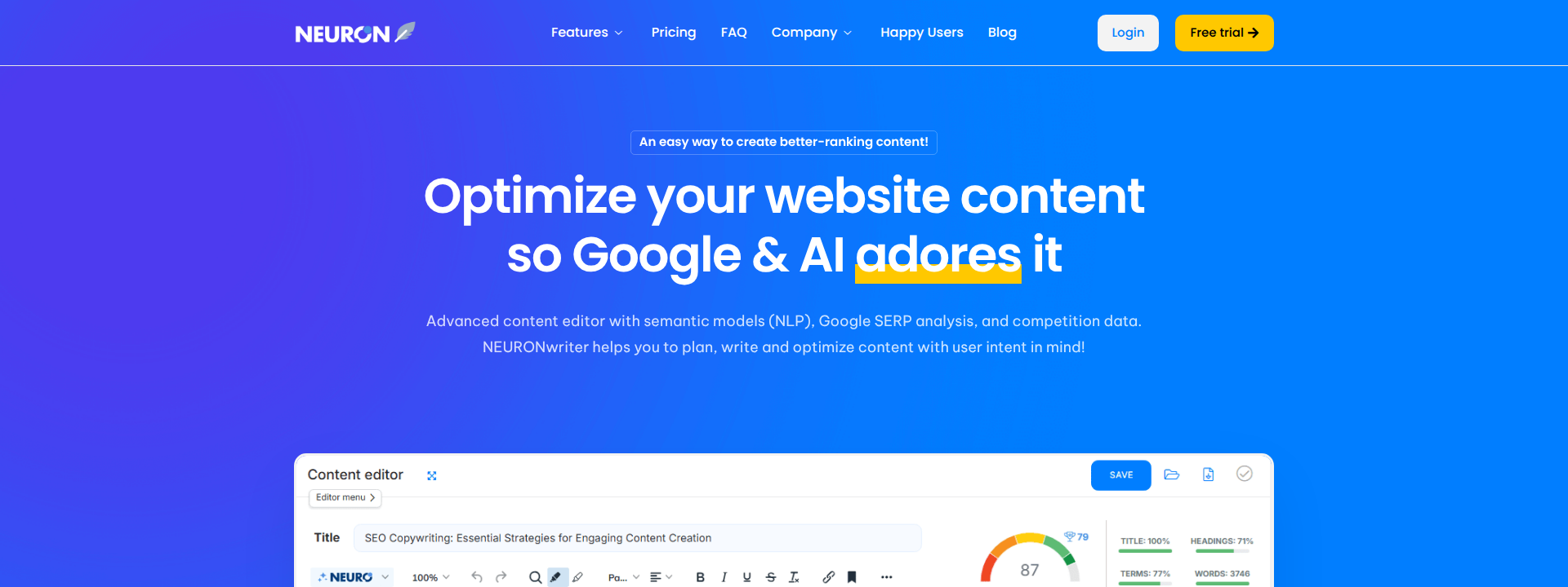NeuronWriter homepage hero section displaying main information