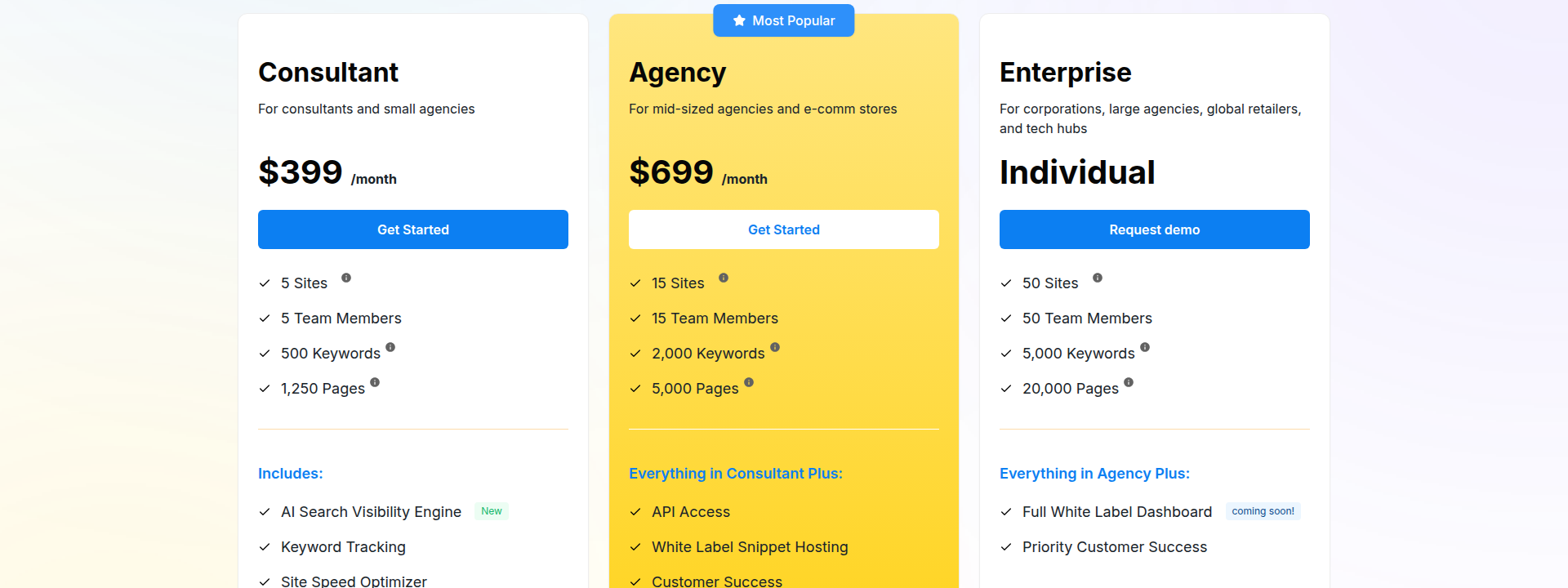 Alli AI pricing page displaying their pricing information
