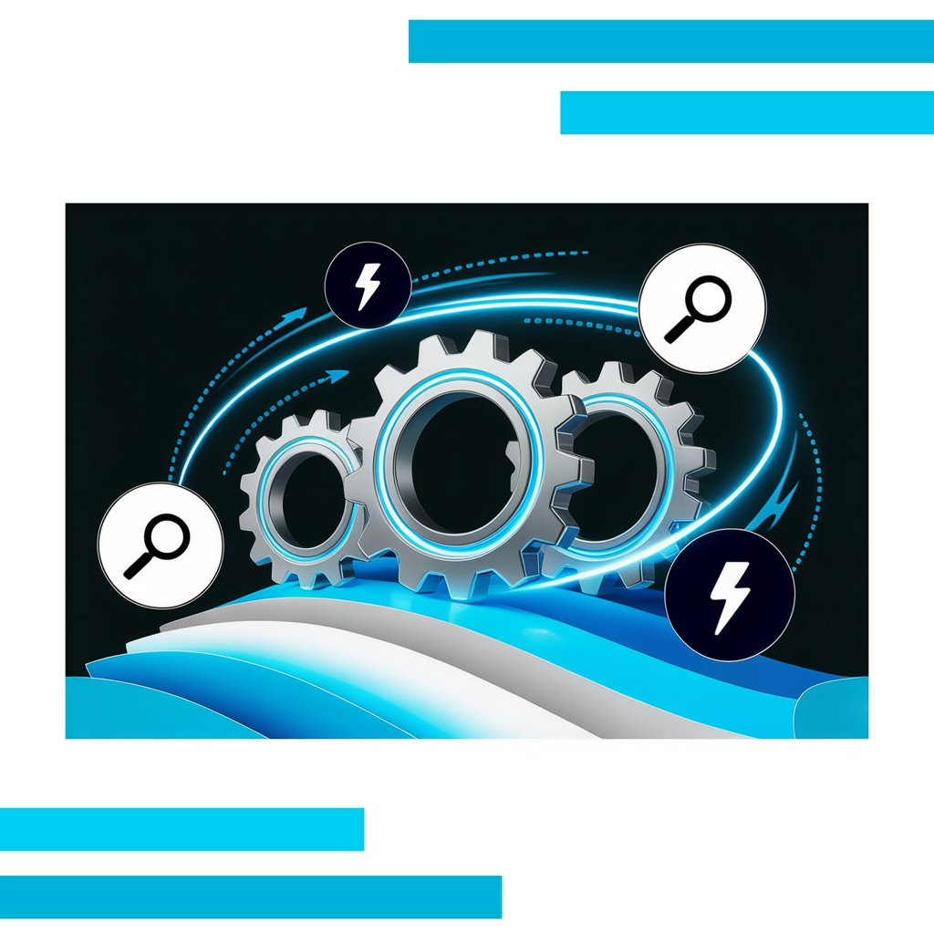 Three interconnected metallic gears with glowing blue outlines, surrounded by abstract icons and dynamic blue gradients on a white background.