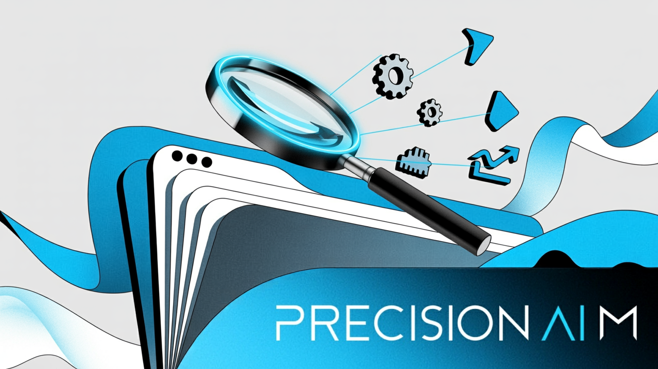 Magnifying glass with a glowing blue rim hovers over a web browser window, connected to digital icons by blue energy lines.