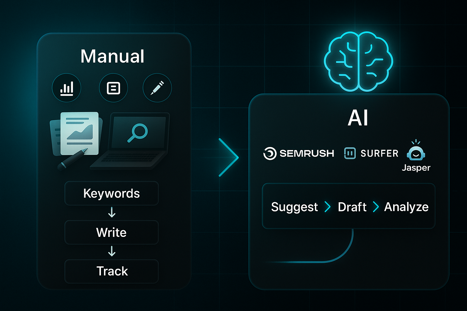 Infographic comparing manual SEO workflow with paper, laptop, and icons to an AI dashboard with SEMrush, SurferSEO, Jasper AI, and automation steps.