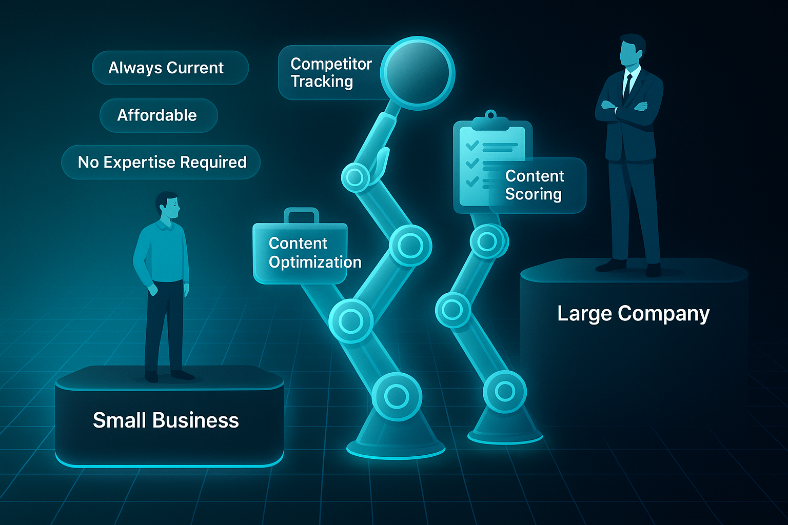Infographic showing robotic arms lifting a small business owner’s platform to match a large company, with labeled tools and benefit bubbles.