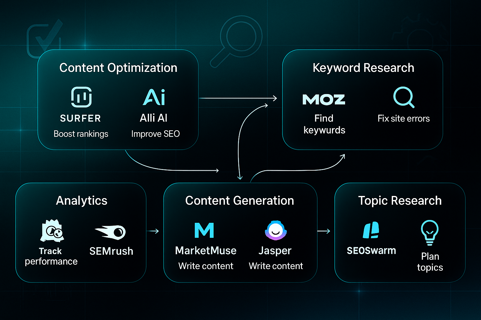 Infographic with six glassmorphic toolboxes for SEO categories, each showing tool icons, use cases, and connecting lines on a dark tech grid background.