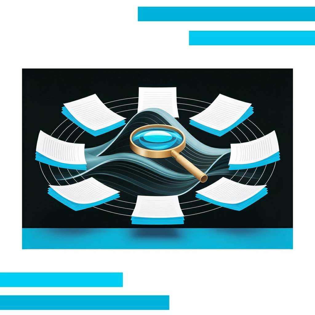 Nine glowing blue-bordered sheets of paper arranged in a circle, linked by white lines, with a radiant magnifying glass at the center.