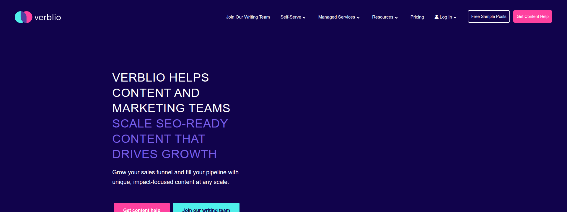 Verblio homepage hero section displaying main information