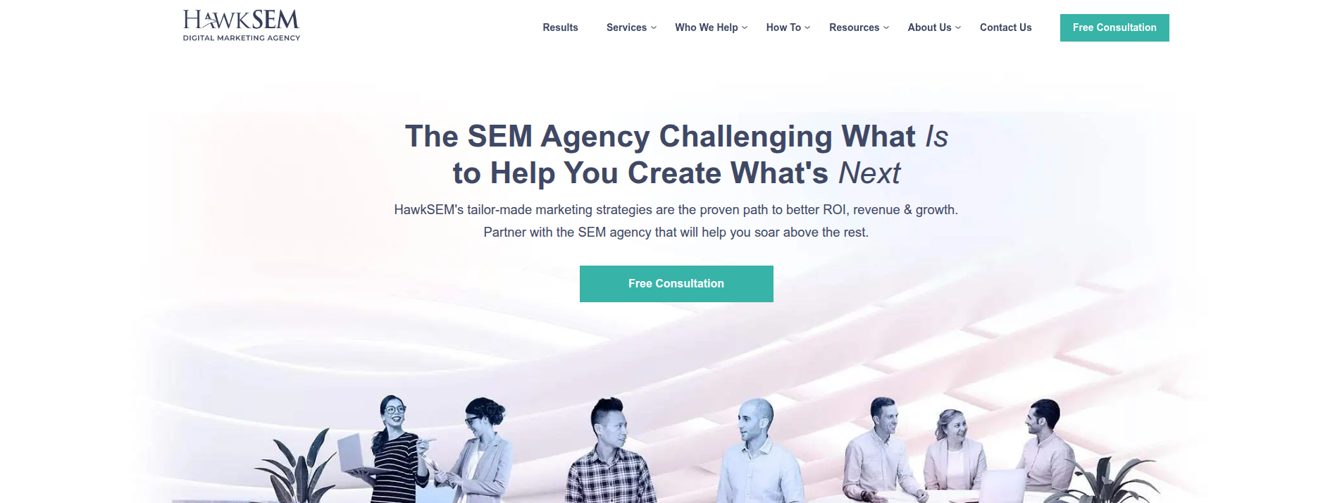 HawkSEM homepage hero section displaying main information