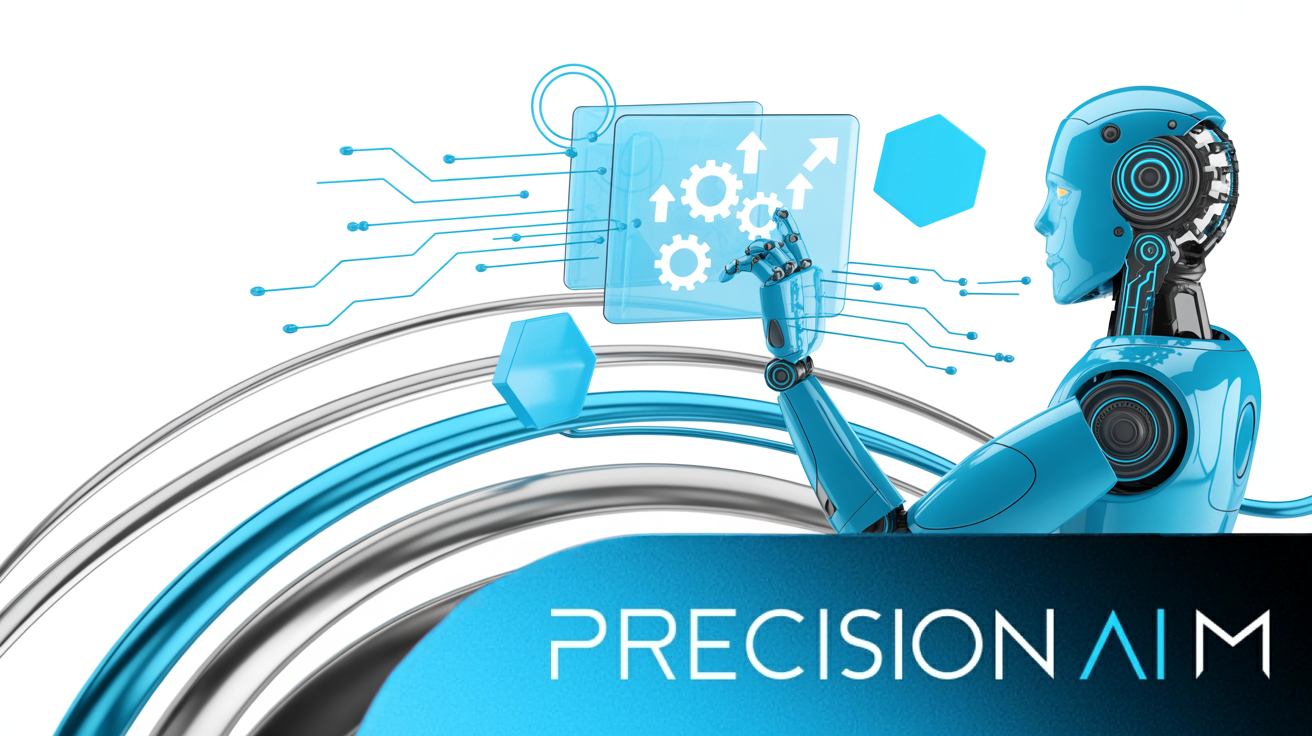 Blue metallic robot interacts with floating translucent panels showing gears and arrows, with glowing circuit lines and geometric shapes.