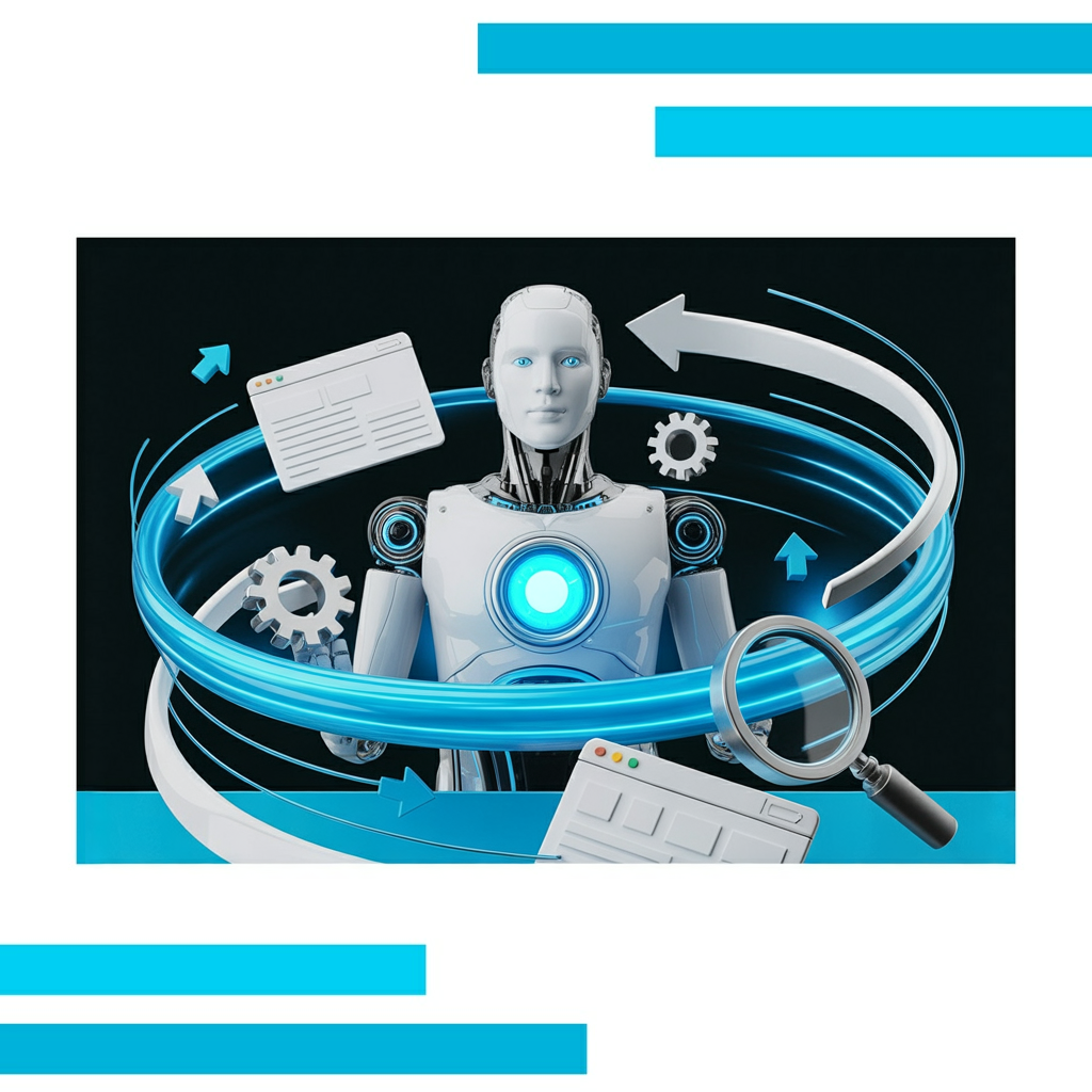 Sleek robot with a glowing blue core surrounded by floating gears, magnifying glasses, and spiraling data streams on white background