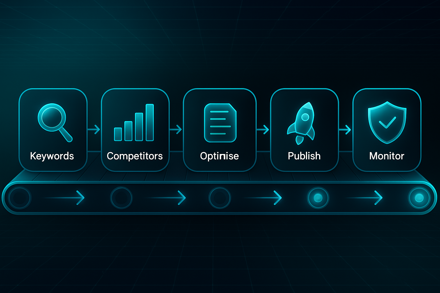 Infographic showing a futuristic conveyor belt with six labeled stages: Keywords, Competitors, Planning, Optimise, Publish, Monitor.