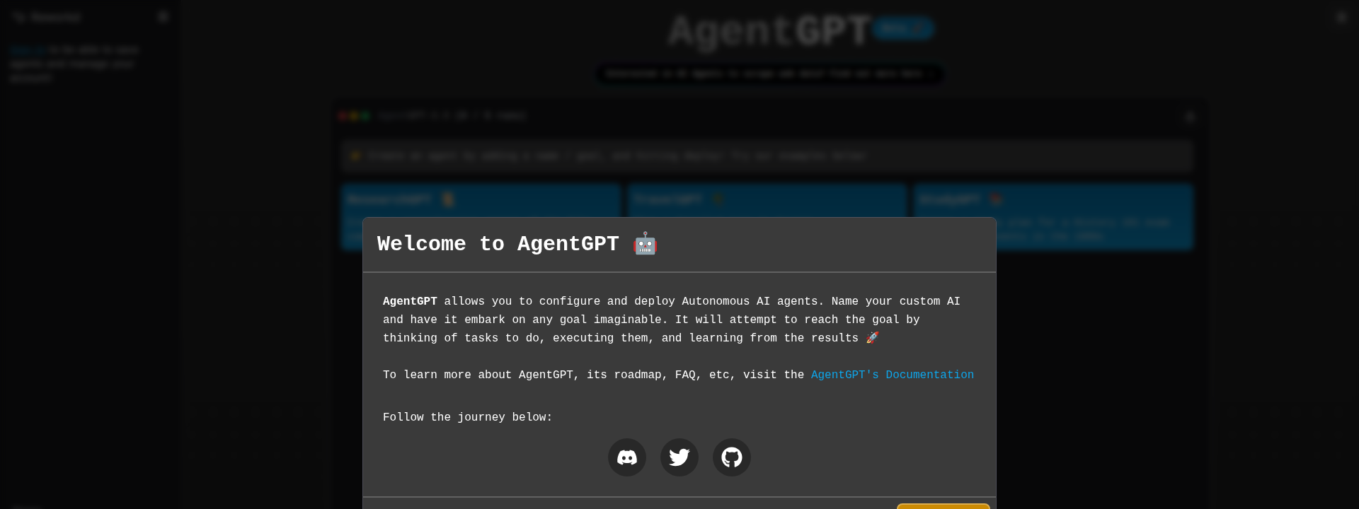 AgentGPT homepage hero section displaying main information