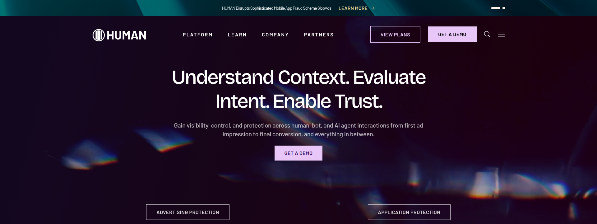 HUMAN Security homepage hero section displaying main information
