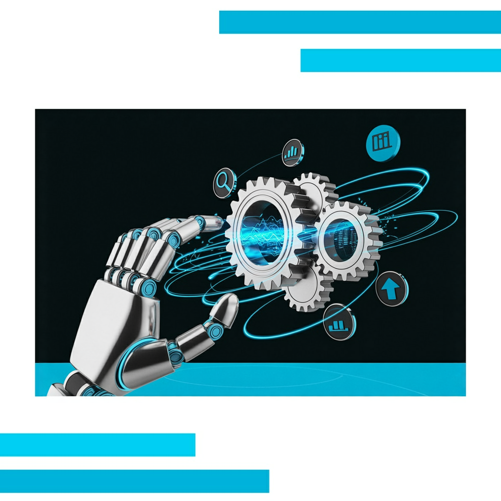 Robotic arm reaching toward interconnected gears with glowing blue circuits, digital icons, and swirling energy on a white background