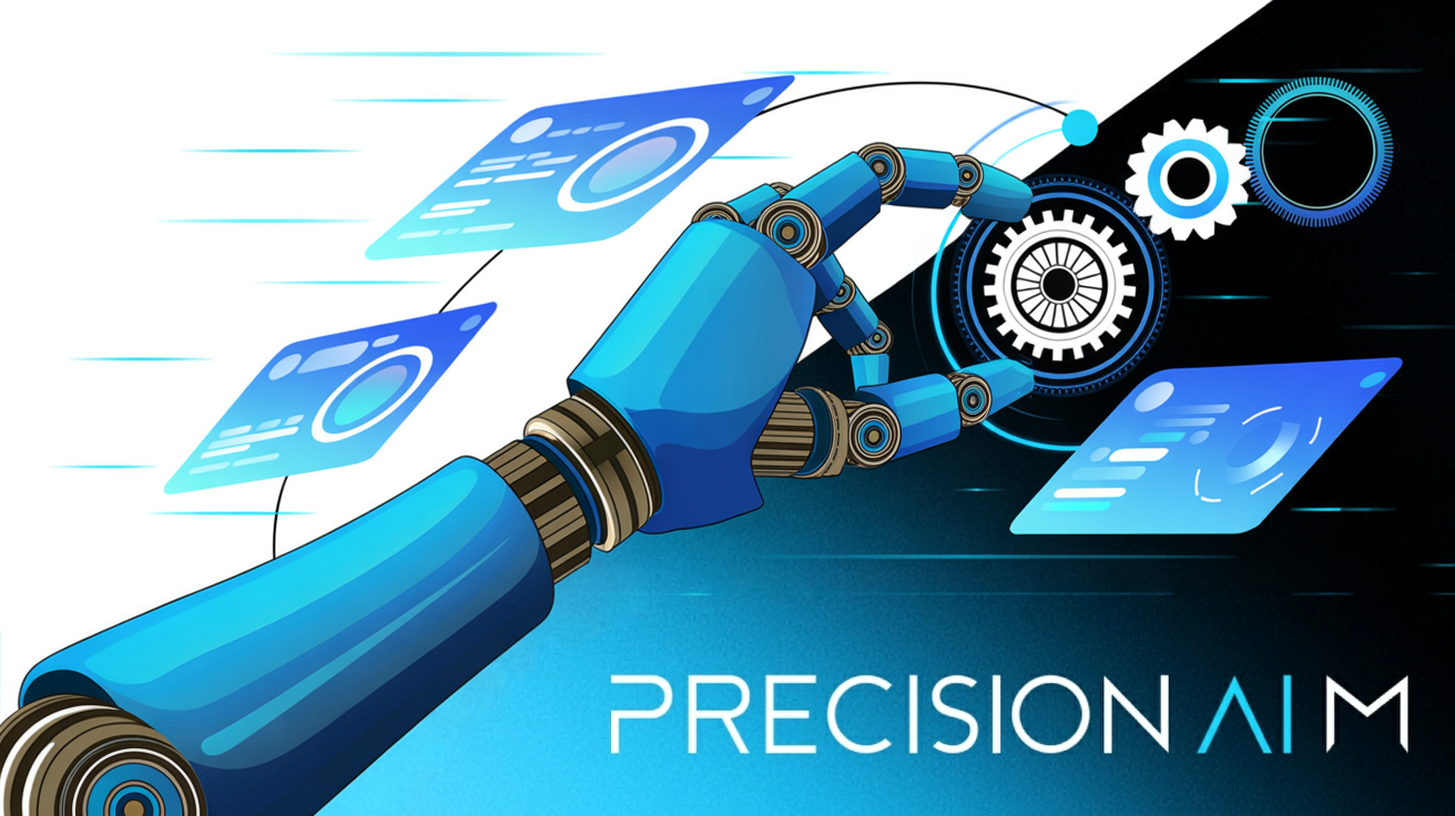 Metallic blue and charcoal robotic arm adjusting glowing gears and magnifying glasses, surrounded by digital interface panels on white background