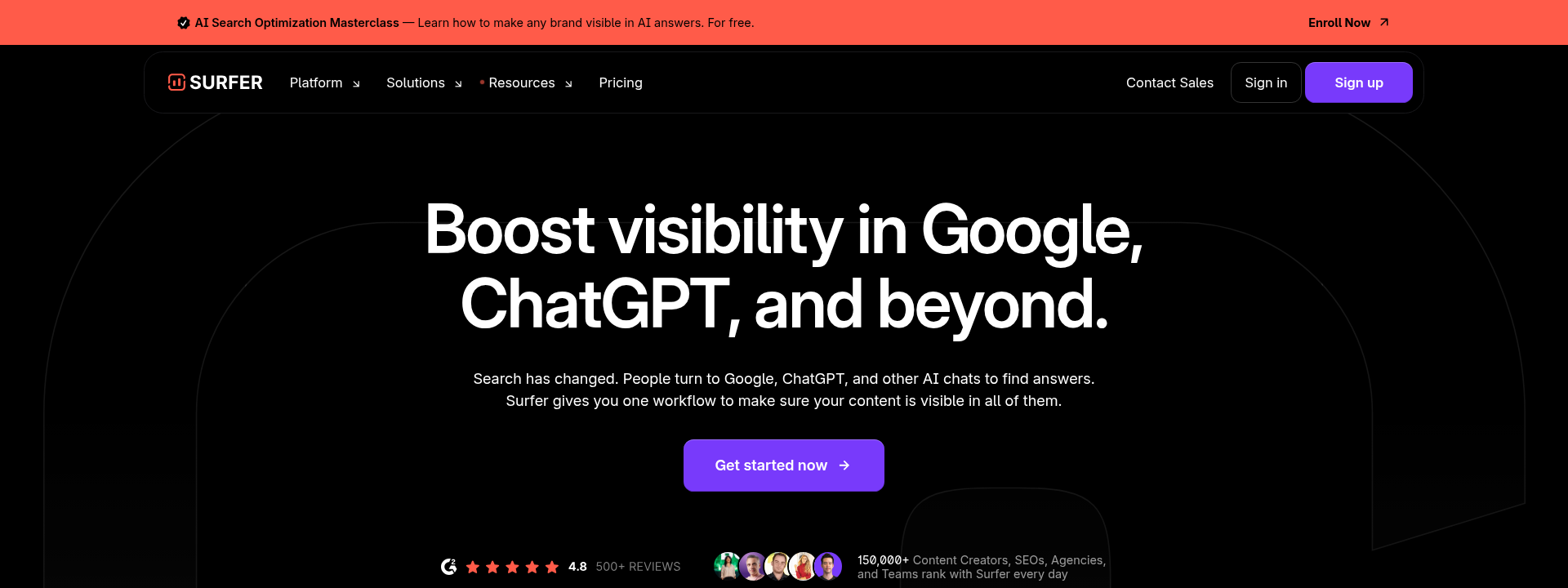 Surfer SEO homepage hero section displaying main information