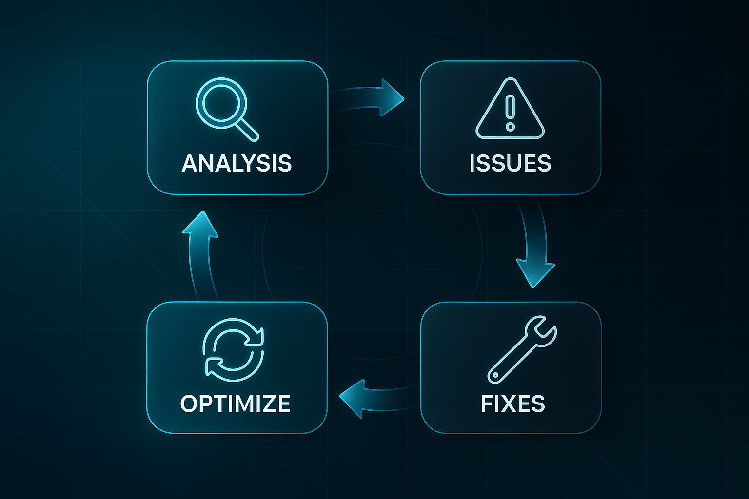 Futuristic circular flowchart with five connected steps—Analysis, Issues, Fixes, Monitor, Optimize—on a dark tech-themed background
