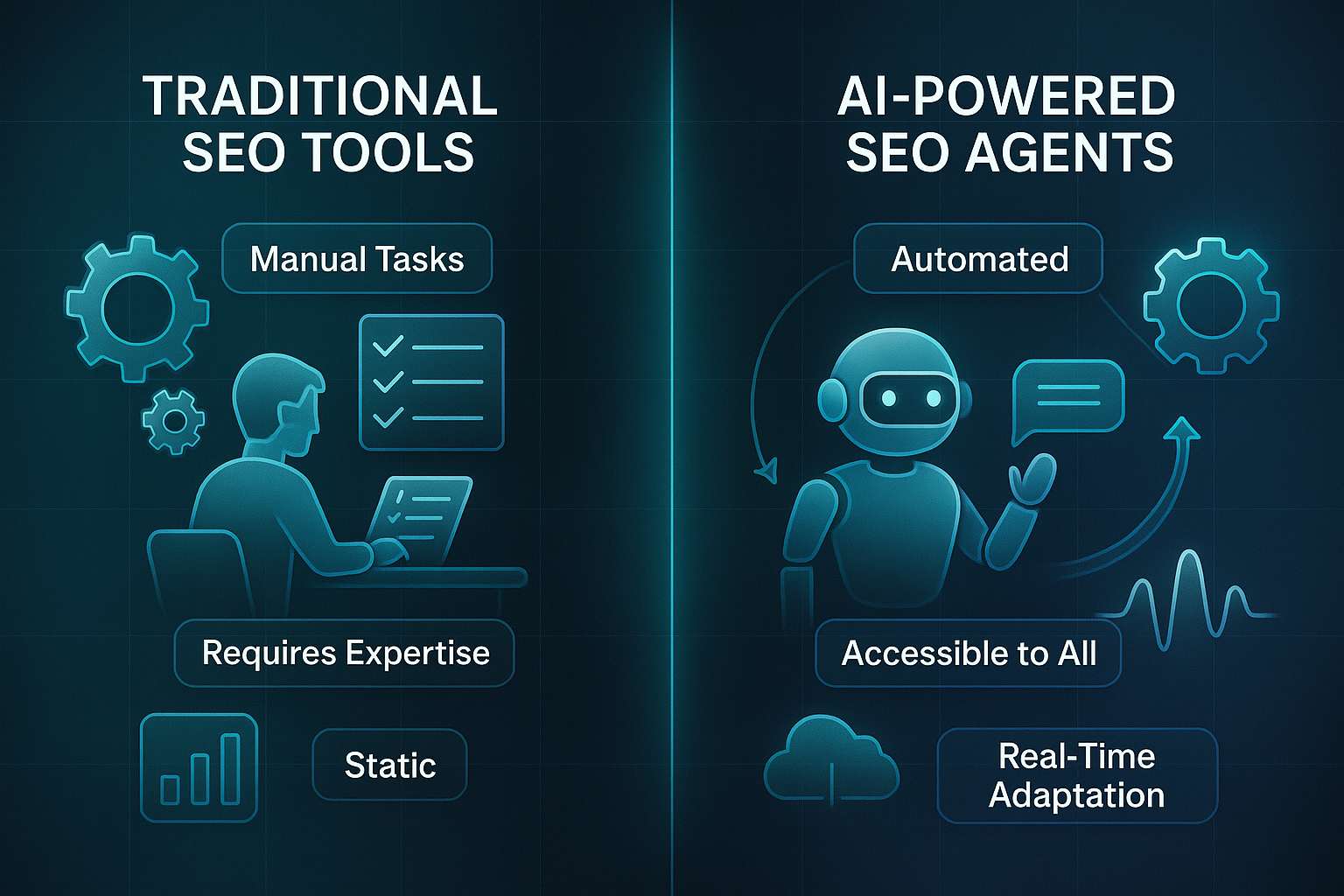 Infographic comparing traditional SEO tools with manual tasks on the left and an AI robot assistant with automation on the right