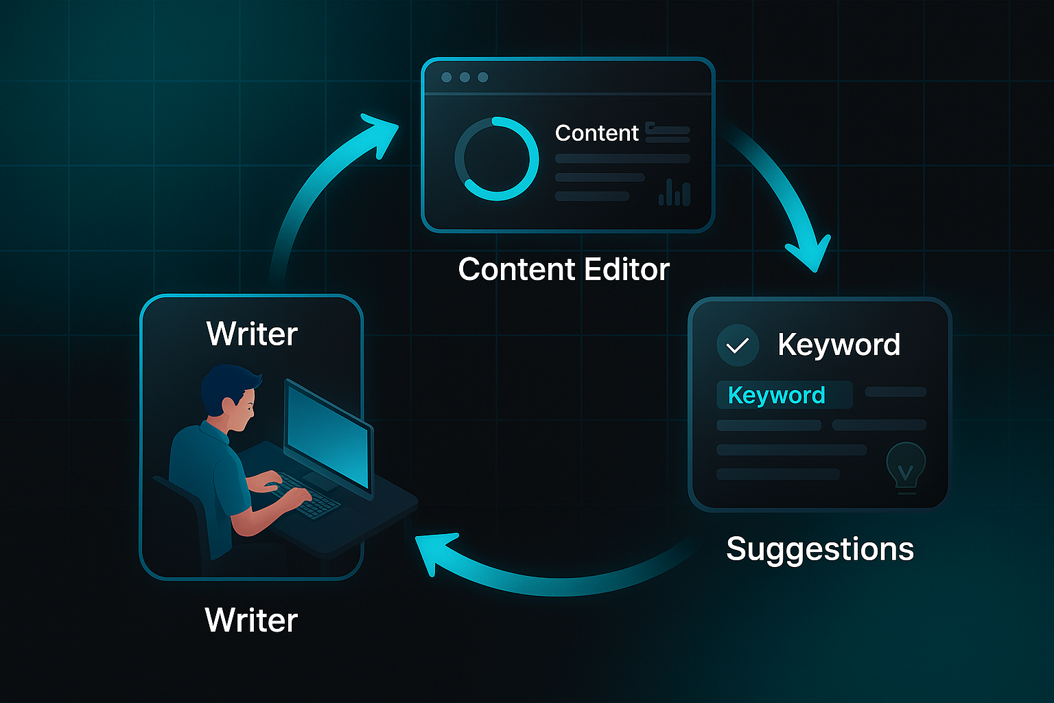 Infographic showing a circular feedback loop between a writer, content editor, and suggestions panel on a dark tech-themed background