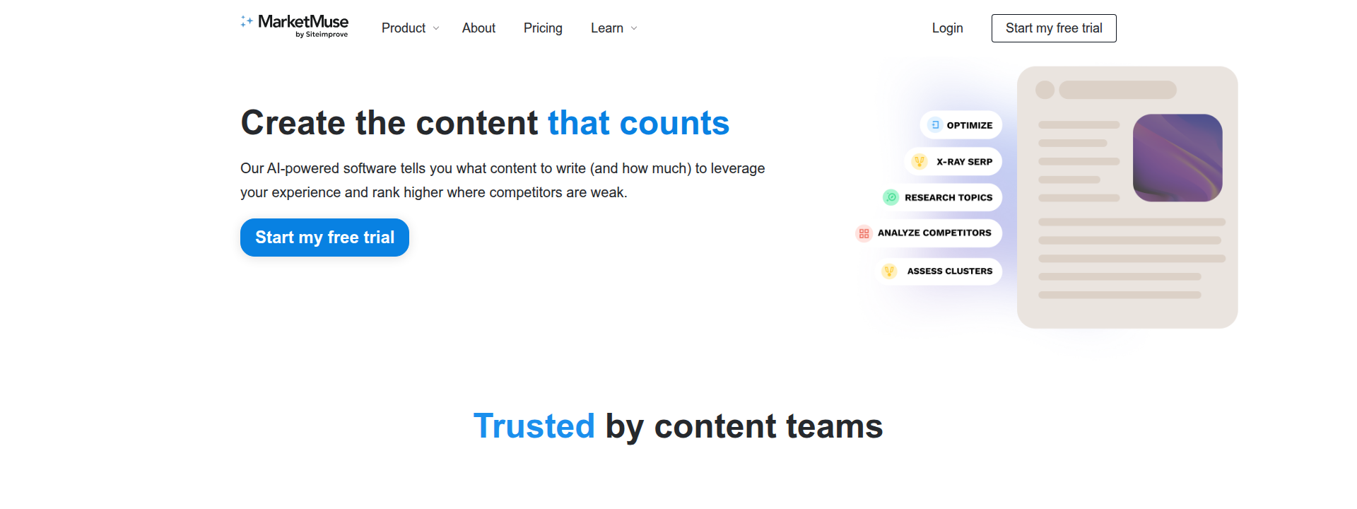MarketMuse homepage hero section displaying main information