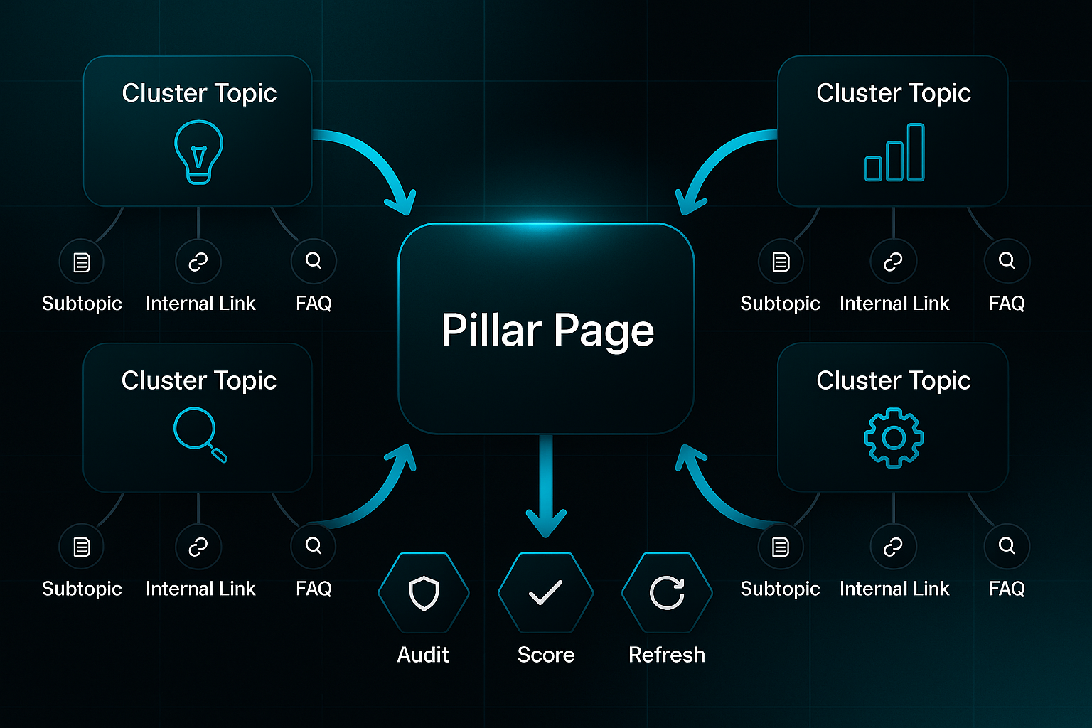 Infographic showing a central "Pillar Page" with arrows to four "Cluster Topic" boxes, each branching to subtopics, links, and FAQs.